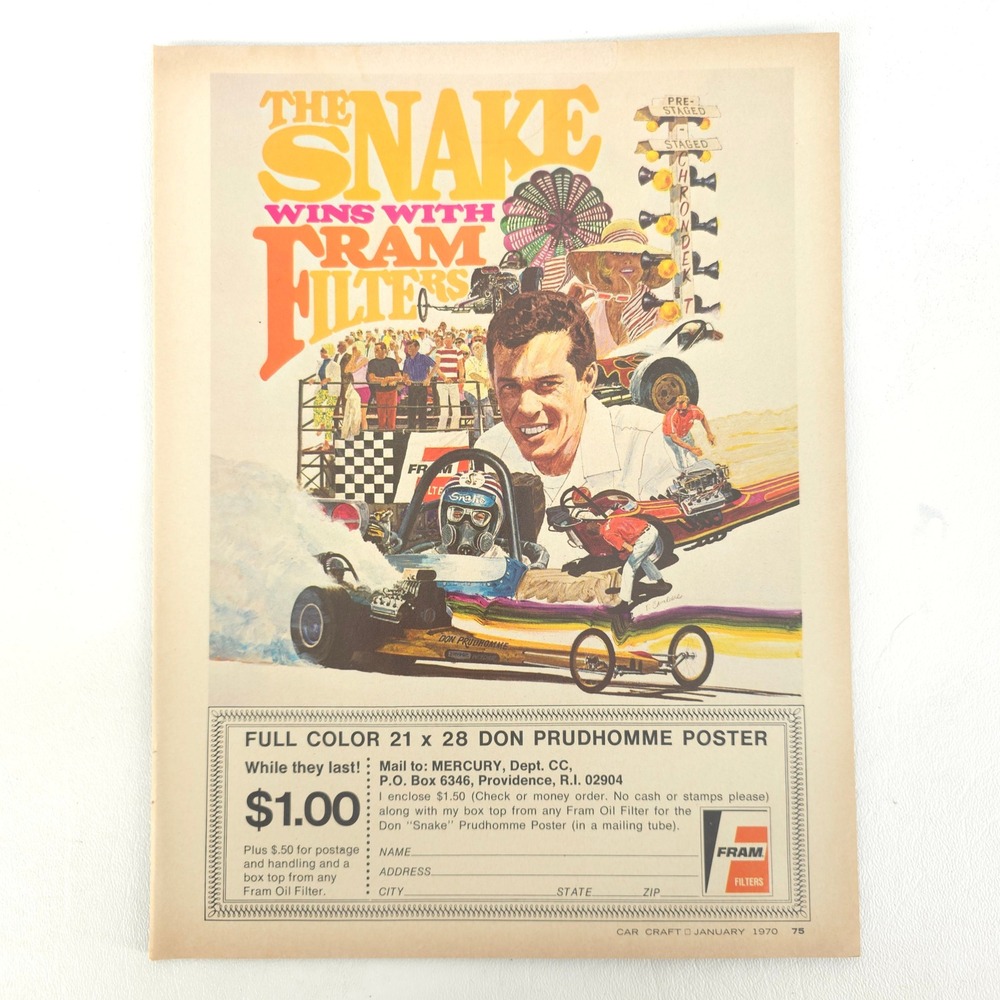 Vintage Don Prudhomme Snake Poster Print Ad Drag Racing Fram Filters Decor